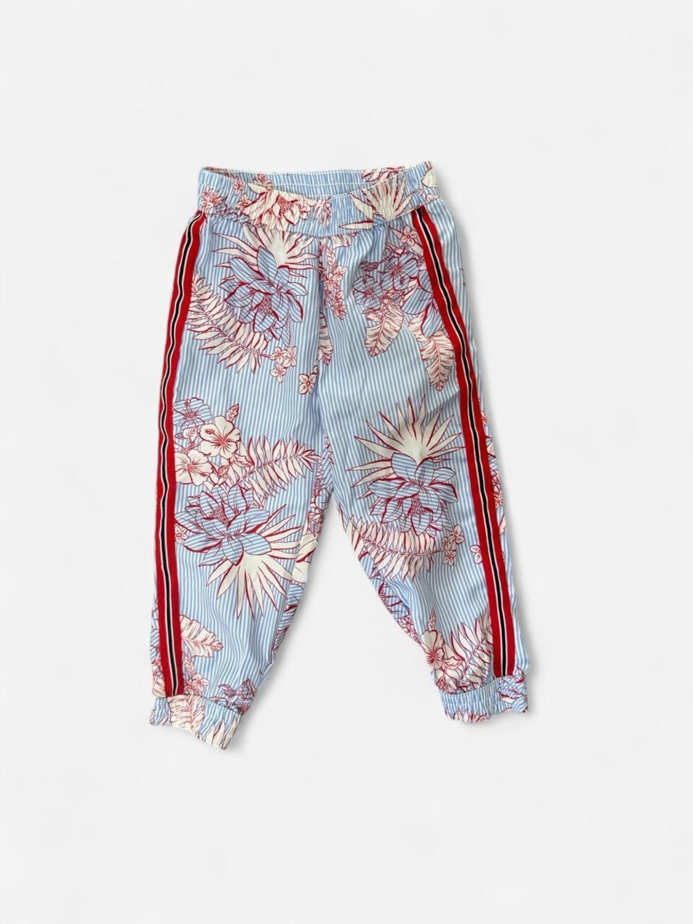 Janie and Jack Blue Floral Joggers with Red Side Stripes